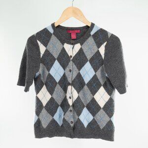Cashmere Cache short sleeve 100% Cashmere Argyle cardigan sweater top L